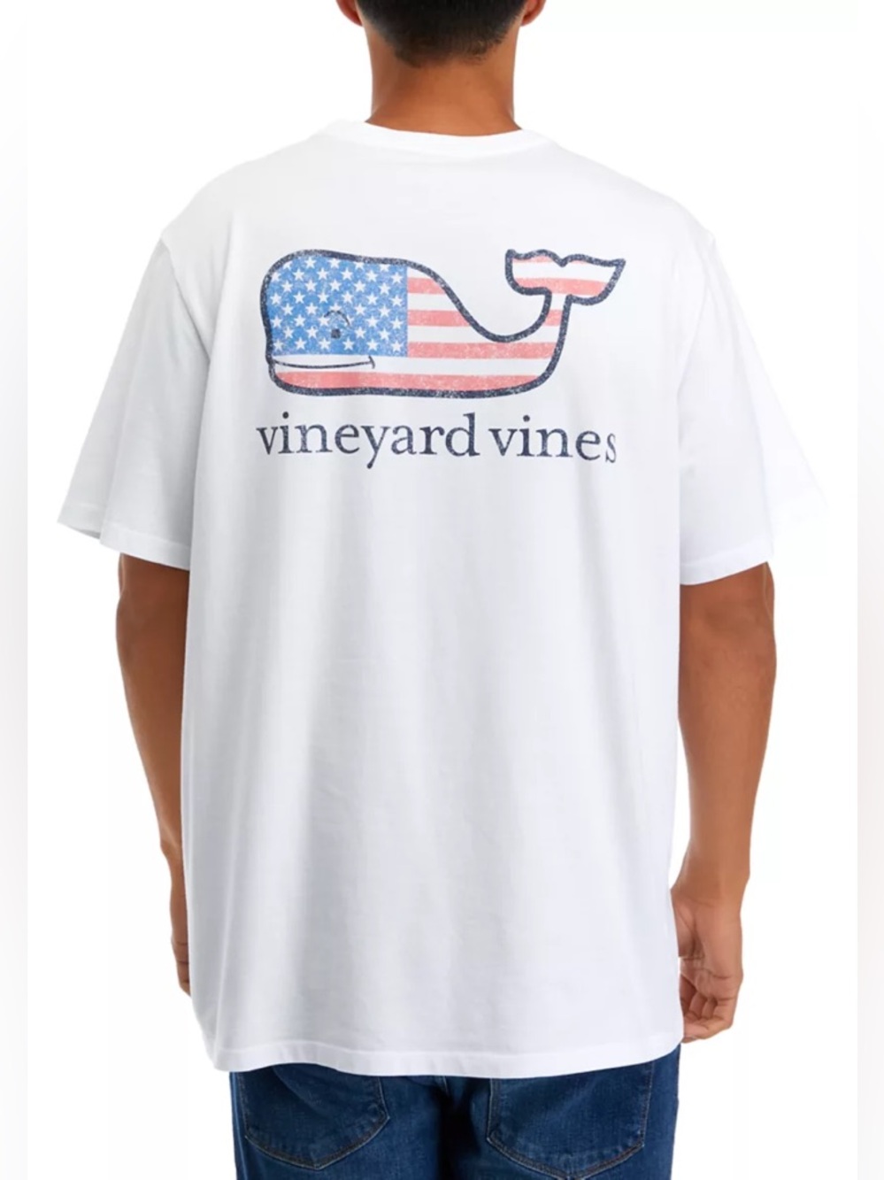 Vineyard Vines White Tee with Red, Blue Flag Whale
